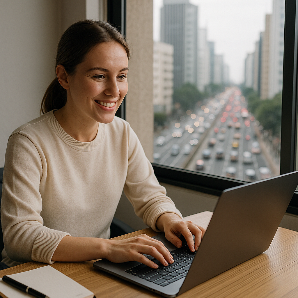 Muher trabalhando em home office com Avenida Paulista ao fundo